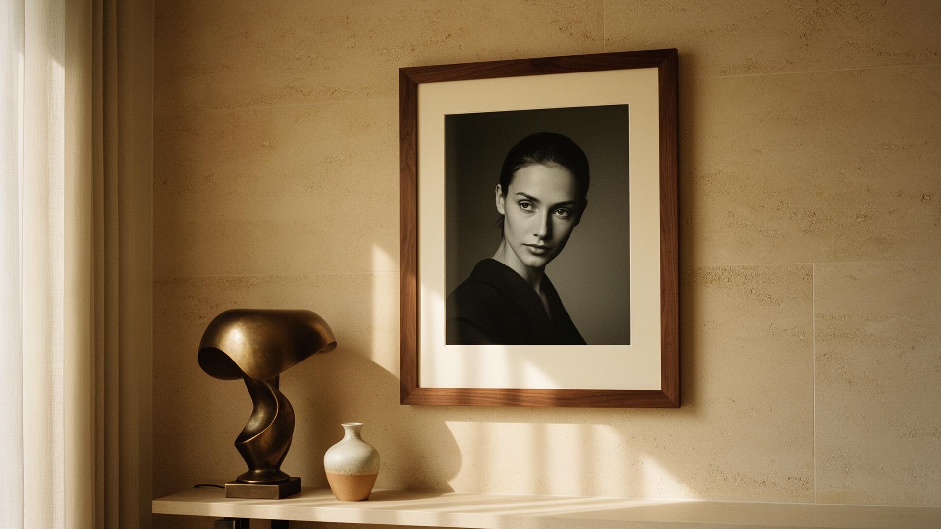 A walnut-framed portrait above a console, lit by warm afternoon light.