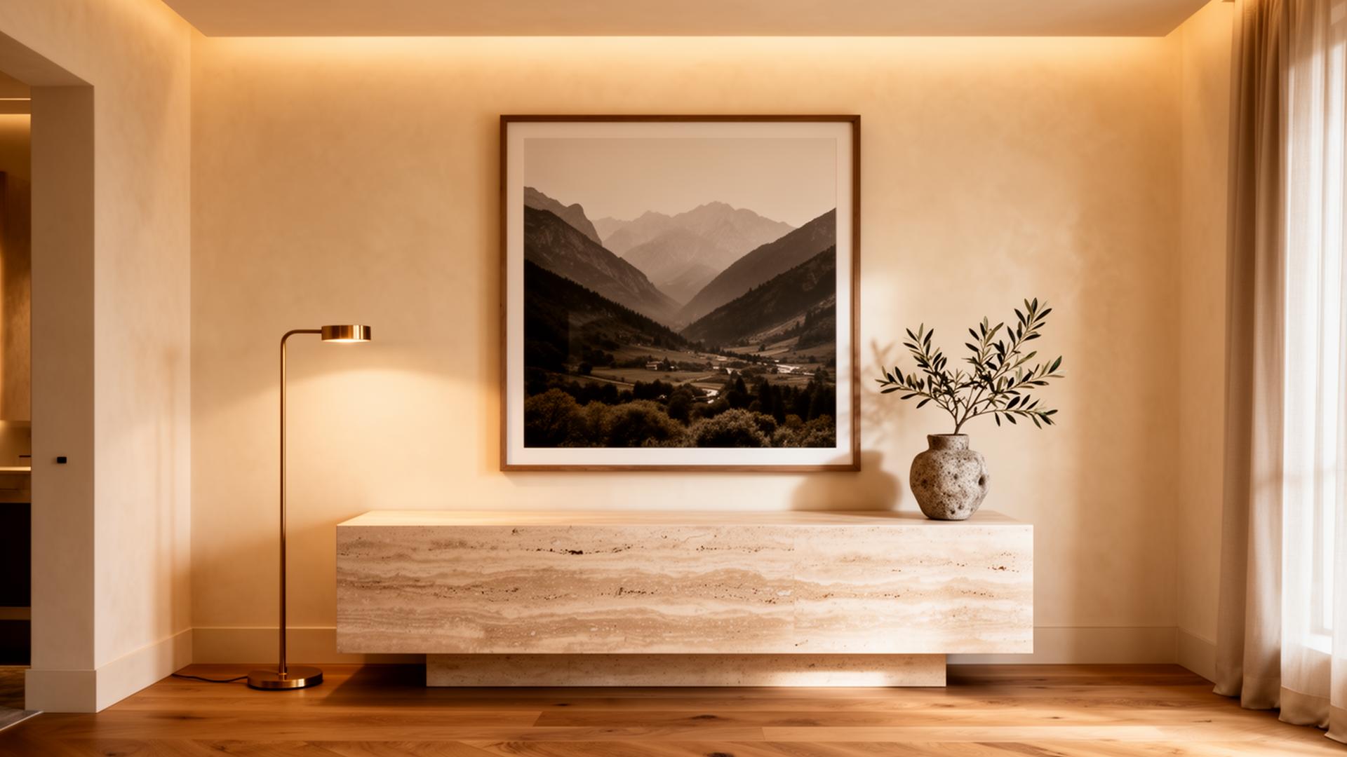 A large framed landscape above a travertine console in a warm interior.